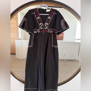 Carolina K Jamie Embroidered Black Flutter Sleeve Wide Leg Cotton Jumpsuit